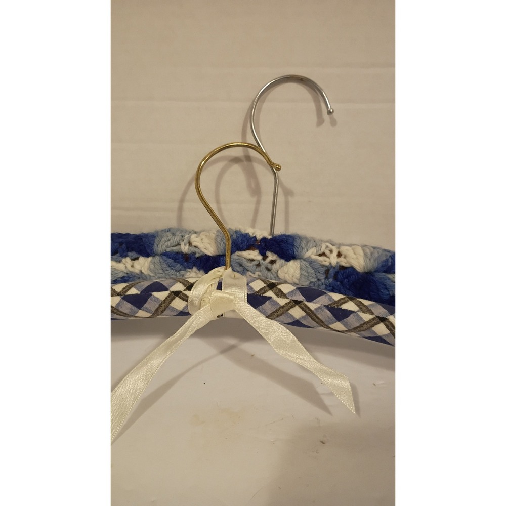 Vintage Padded Crochet Clothes Hangers Set of 3 Pastel Blue Checkered Fabric
